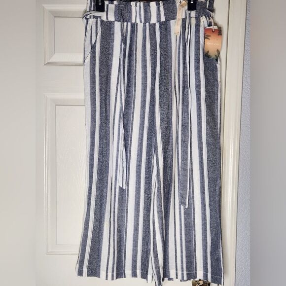 NWT April Kiss XL Striped White Gray Pockets LINEN Blend Wide Legs Women’s Pants - Picture 1 of 10